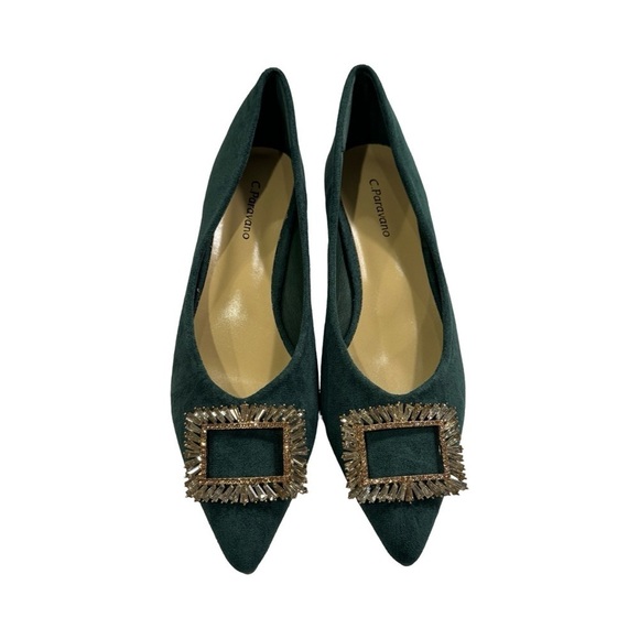 Green Suede Flats with Decorative Buckle - Picture 2 of 5